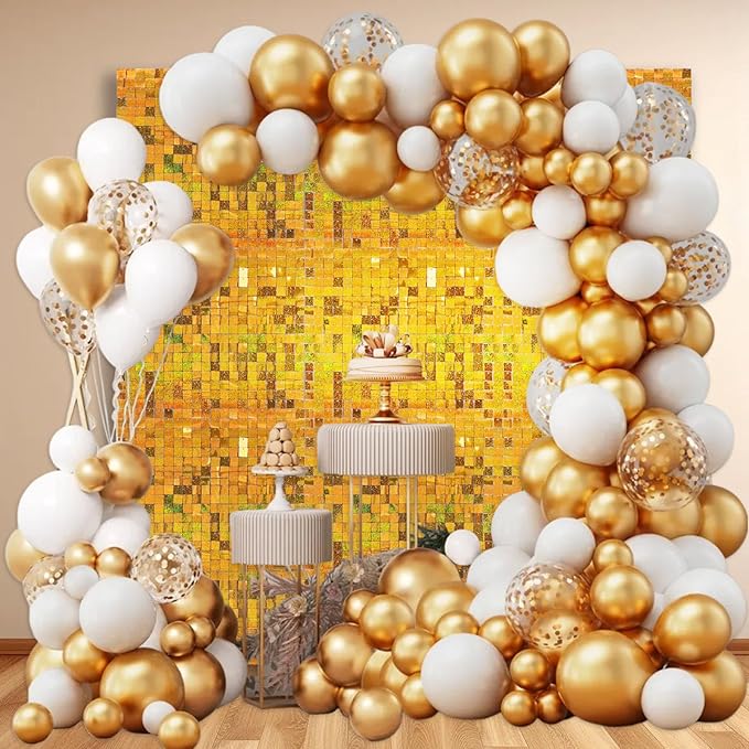 12PCS Gold Shimmer Wall Backdrop, Laser Square Sequin Photo Backdrops Panel, Glitter Wall Background for Birthdays, Weddings, Christmas, Engagements, Disco Bachelorette Party Decoration (3FTx4FT)