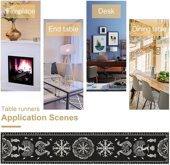 Ancient Abstract Pattern Table Runner, Tree of Life Eagle Dragon Boat Rudder Black and White Table Runner for Party Kitchen Dinner Cafe Bedroom Living Room Table Runner 13x90 Inch