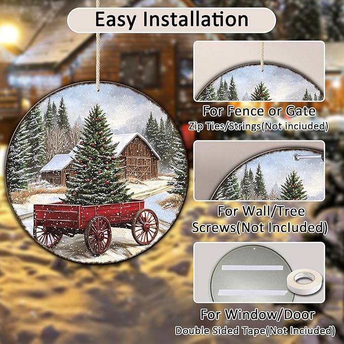Round Barn Christmas Trees Metal Tin Sign Christmas Vintage Tin Sign Poster For Kitchen Cafe Bar Farmhouse Home Wall Decor Art Winter Decoration 8 * 8 in