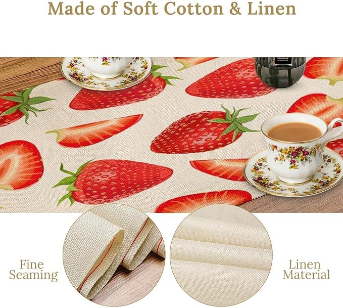 Strawberry Table Runner Spring Summer Wild Berry Fruit Theme Dinner Runner for Girl Baby Shower Party Holiday Home Kitchen Dining Table Decor 13x108
