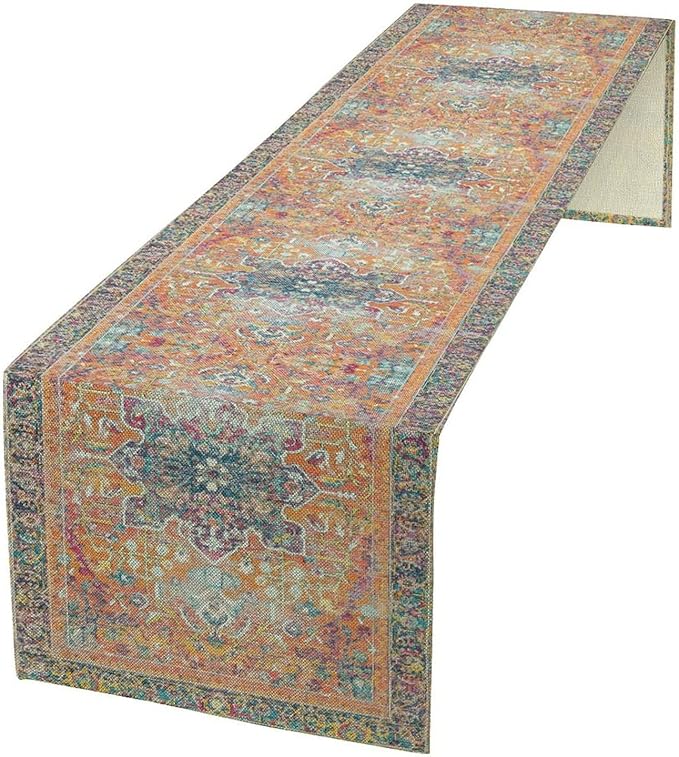 Boho Floral Vintage Table Runner, Orange Retro Flower Rustic Country Farmhouse Abstract Pattern for Home Kitchen Table Decor Dining Coffee Room Party Decor 13x36in
