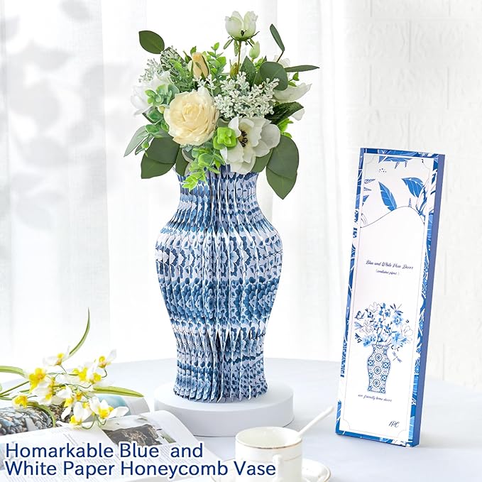 Blue and White Paper Honeycomb Vase, 11.6 Inch Foldable Decorative Vase with Magnetic Closure, Chinoiserie Décor Vase, Reusable Table Centerpiece for Home Decor, Party Decorations