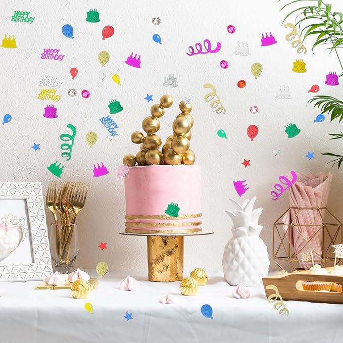 1500 Pcs Happy Birthday Glitter Confetti, Rainbow Foil Confetti Ready Decorations, Party Table Multicolor Cake Glitter Balloons For Birthday Party, Baby Shower Crafting