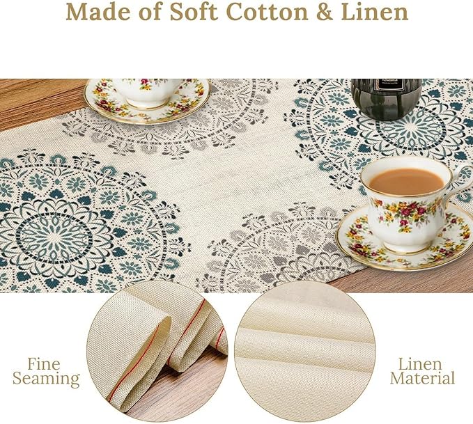 Boho Flower Table Runner, Bohemian Turquoise Mandala White Teal Floral Kitchen Dining Table Runners for Indoor Outdoor Home Party Holiday Decor, 13x90inch
