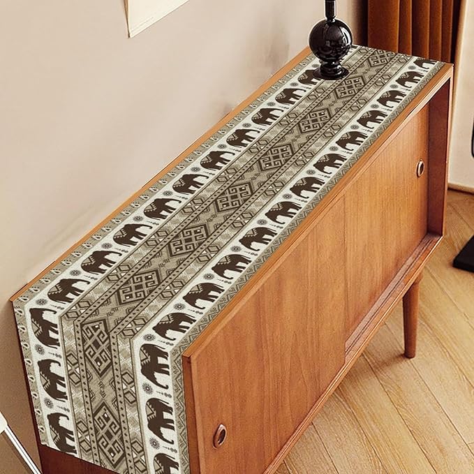 Ethnic Table Runner, Rustic Farmhouse Boho Indian Bohemian Elephant Aztec Tribal Print Beige Table Center Decor for Home Kitchen Dining Patio Holiday Party Indoor Table Decorations, 13"x108" Inch