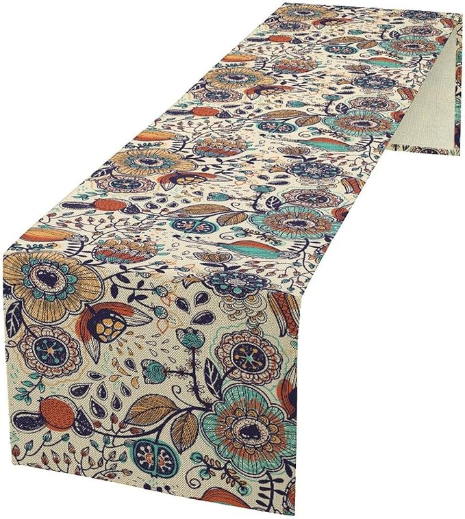 Boho Floral Table Runner,Vintage Flowers Tropical Plants Country Style Table Cloth Kitchen Dining Table Home Party Decoration 13x36 Inch