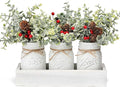 Christmas Mason Jars, Set of 3 White Painted Jars with Artificial Pine and Berries in Wood Tray, Christmas Centerpieces for Dining Table, Winter Home Decor