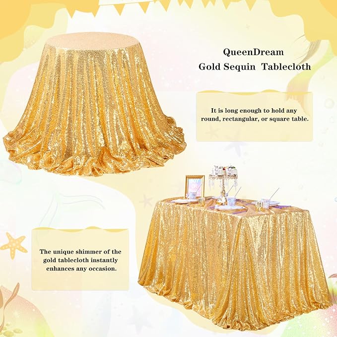 QueenDream Gold Table Cloth Party Decorations: Sequin Fabric 90x90 Inch Sparkle Tablecloths - Gold Drapes Wedding Overlay