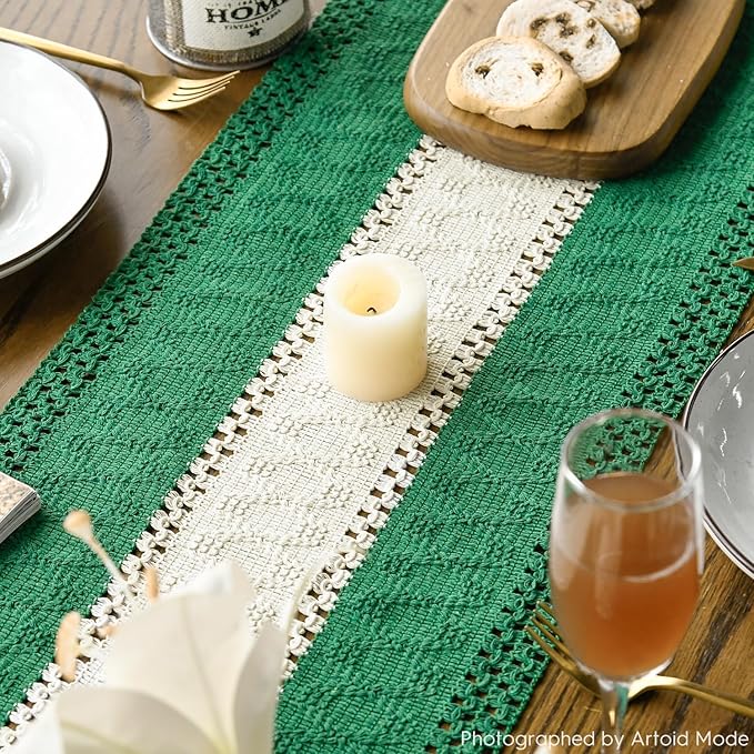 Artoid Mode Dark Green Farmhouse Rustic Table Runner, Seasonal Hollow Kitchen Dining Table Decoration for Home Party Decor 12x120 Inch