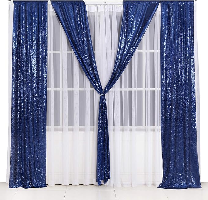 Poise3EHome 2ft x 8ft Blue Sequin Photography Backdrop Curtains 2 Panels for Party Decoration, Navy Blue