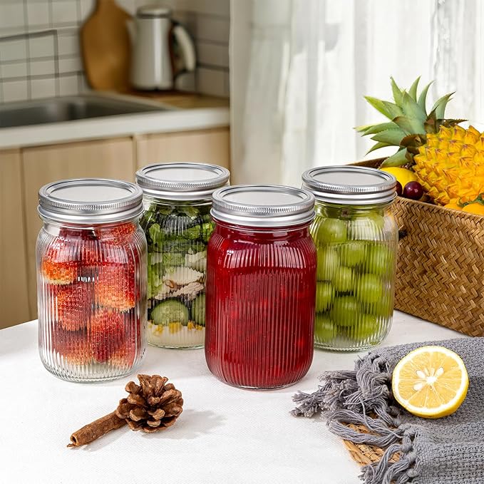 MirthMood 32 OZ Wide Mouth Mason Jars, 4 PACK Glass Mason Jars with airtight Lids, Quart mason jars wide mouth for Fermenting, Pickling, Freezing, Preserving, Meal Prep, Jar Décor
