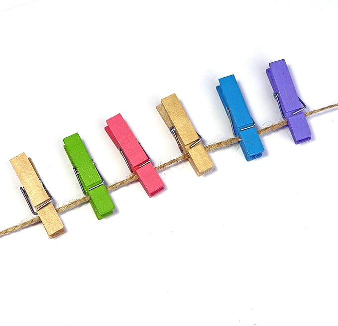 Mini Natural Wooden Clothespins with Jute Twine, 100pcs, 1.4 Inch Photo Paper Peg Pin Craft Clips with 320ft Natural Twine for Scrapbooking, Arts & Crafts, Hanging Photos (Assorted Colors)