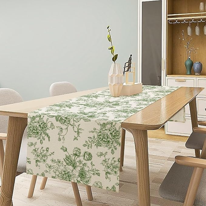 Vintage Flower Table Runner, Wildfloral Green Floral Sketch Pattern Print Table Runner for Kitchen Dinning Table Runner Decor Home Wedding Party Holiday, 13x36 Inch