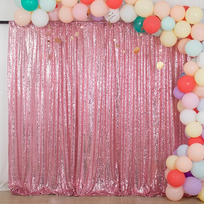 ShinyBeauty Rose Pink Backdrop 2FTx8FT Sequin Backdrops 8 Panels Photo Backgrounds Shimmer Background Sparkly Curtains 16Ftx8FT for Birthday Wedding Party Decor