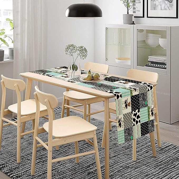 Cute Cow Print Table Runner,Farm Animals Honeycomb Plaid Stripes Cowhide Pattern Tablecloth Burlap for Hotel Indoors Outdoor Dining Room Kitchen Table Decor, 13x70in