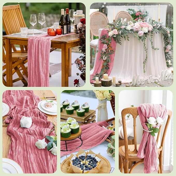 Asee'm 4pcs Cheesecloth Table Runner 120 Inches Dusty Rose Boho Gauze Cheese Cloth Runner 10FT Rustic Sheer Table Runners for Summer Wedding Baby Shower Holiday Party Decoration