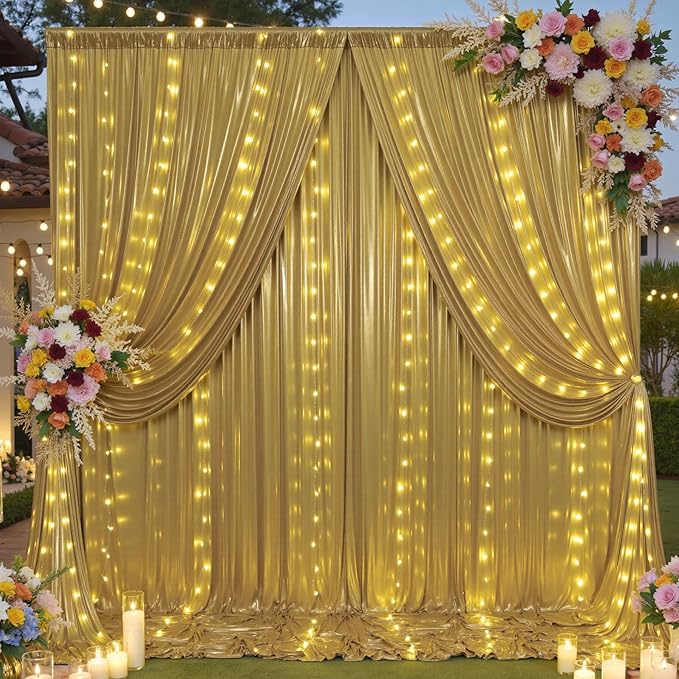 20x10 ft Gold Sequin Backdrop Curtain with Lights for Parties, Wrinkle Free Glitter Photo Backdrop Drapes Shimmer Back Drop Cloth with Light Strings for Wedding Birthday Photography Background