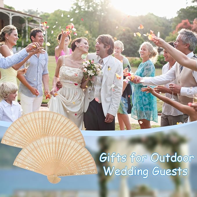 100Pcs Wedding Fans Personalized Folding Hand Fans Custom Sandalwood Wedding Fans with Organza Bags Wedding Party Favor Wedding Fans for Guests (50)