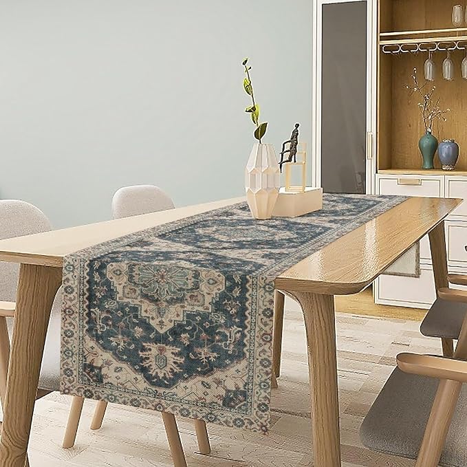 Boho Bohemia Style Table Runner, Vintage Blue Retro Flower Rustic Country Style Floral Print Pattern for Home Kitchen Table Decor Dining Coffee Room Garden Party Decor 13x36in