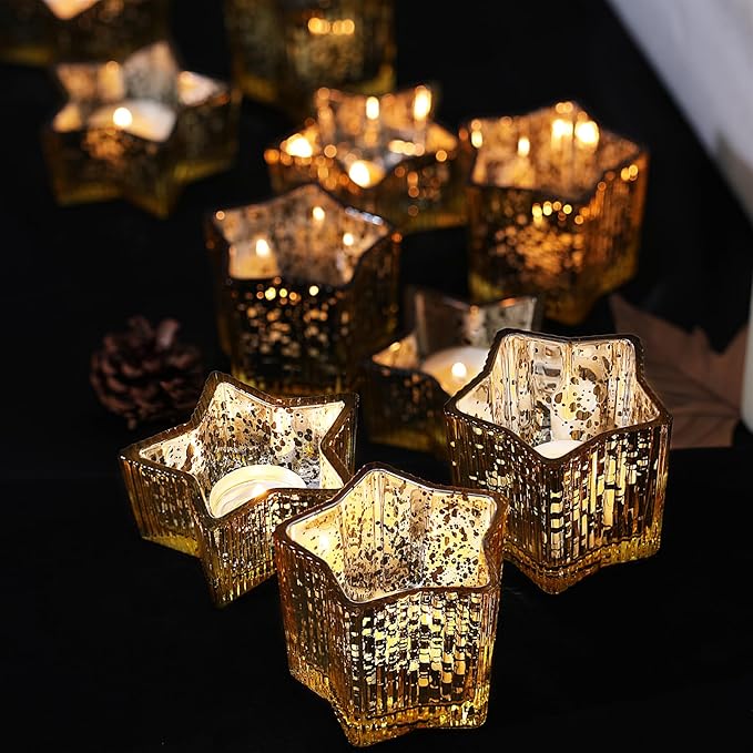 Letine 10pcs Gold Ribbed Candle Cups – Assorted Height Tea Light & Votive Candle Holders for Diwali, Wedding, Table Centerpiece, Fall & Holiday Decor – Lucky Star Jar (Tall 2.44", Short 1.57")