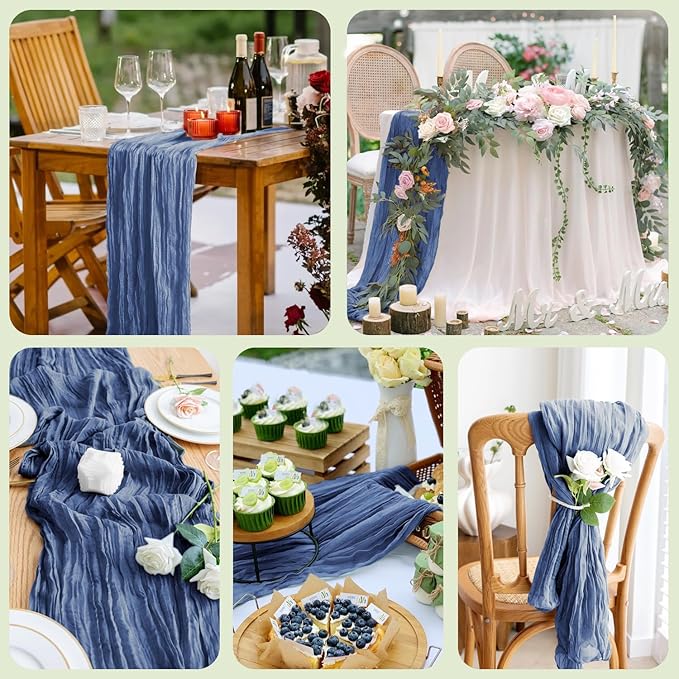 Asee'm 12pcs Cheesecloth Table Runner 120 Inches Long Blue Boho Gauze Cheese Cloth Runner 10FT Rustic Sheer Table Runners for Christmas Wedding Party Baby Shower Spring Easter Decoration