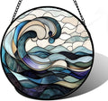 Stained Glass Window Hanging, Ocean Waves Sun Catchers Diamond Glass Panel Hangings Abstract Suncatcher Decor for Birthday for Women, Men, Wife, Aunt, and Mom 6.3 in