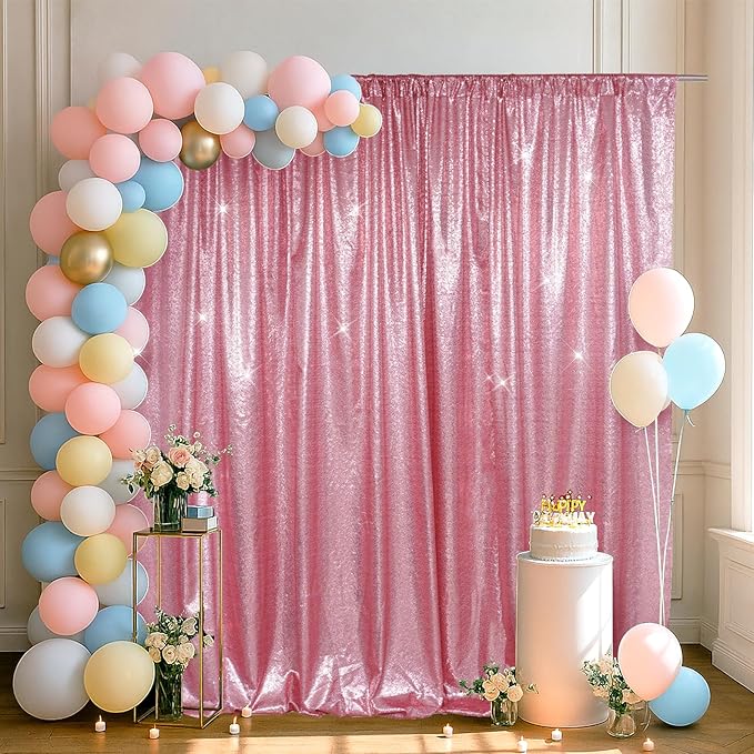 SquarePie Sequin Backdrop Less Transparent Background Sparkly Curtain for Wedding Party 8FT x 8FT Fuchsia Pink