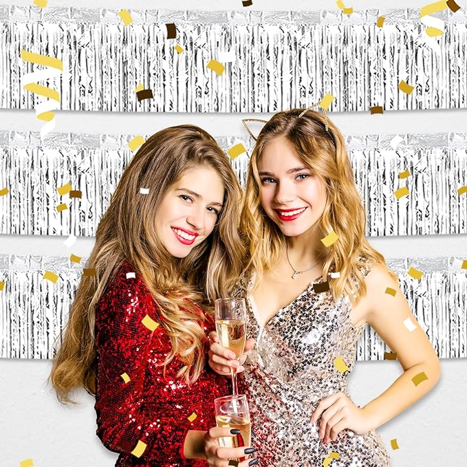 4 Pack 10 Feet Silver Foil Fringe Garland Metallic Tinsel Streamers Banner Wall Hanging Curtain Backdrop for Parade Floats, Wedding, Graduate, Mother's Day, Birthday Party Decoration