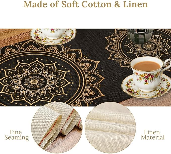 Golden Mandala Table Runner, Traditional Indian Gold Black Flower Vintage Luxury Bohemian Mandala Table Runner for Home Kitchen Dinning Table Indoor Outdoor Holiday, 13x120inch