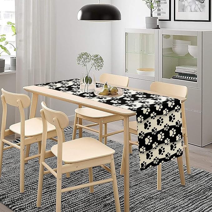 Dog Paw Table Runner,Kid Cute Animal Footprint Black White Theme Design Print Tablecloth Burlap for Hotel Indoors Outdoor Dining Room Kitchen Home Decor,W13X L70 in