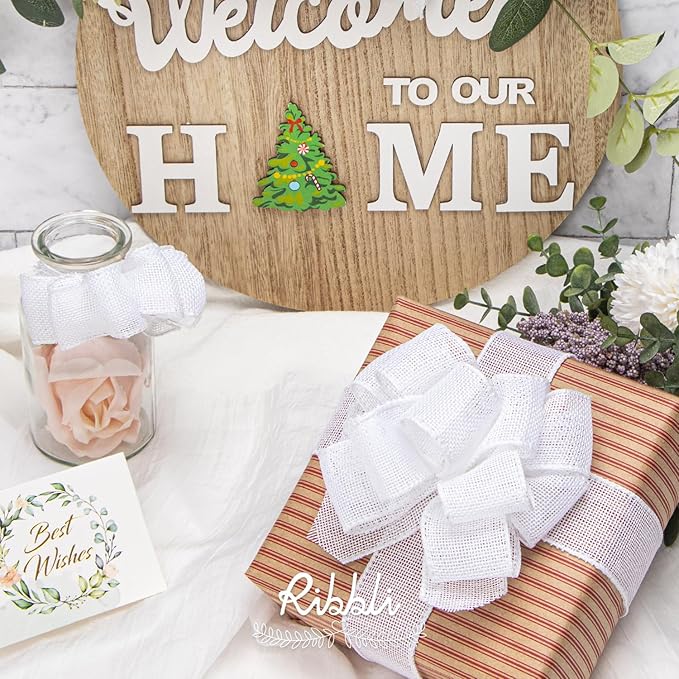 Ribbli White Burlap Wired Ribbon, 1-1/2” Inch x Continuous 20 Yard, White Wired Ribbon for Wreaths,Big Bows,Tree Decoration,Outdoor Decoration