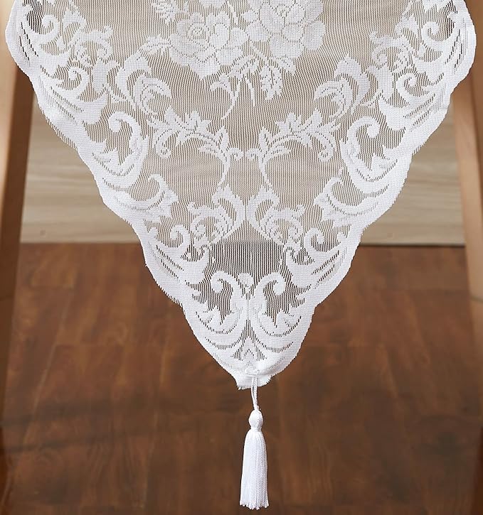 LinenZone White Table Runner with 2 Tassels for Rustic Vintage Decor. Lace Table Runner Works Great As Wedding, Thanksgiving, Christmas Decor. (Mia 14 x 72, White)