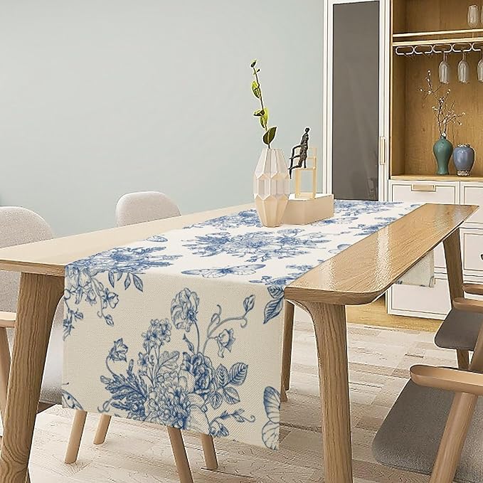Monochrome Sketch Flowers Table Runner, Seasonal Spring Fall Plants Blue Florals Butterfly Dinner Runner for Home Kitchen Dining Table Party Holiday Decoration 13"x108"