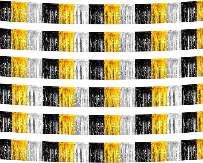 6 Pack 10 Feet Black Gold Silver Foil Fringe Garland Metallic Tinsel Streamers Banner Wall Hanging Backdrop Banner for Parade Floats, Thanksgiving, Christmas, Birthday, Halloween Party Decorations