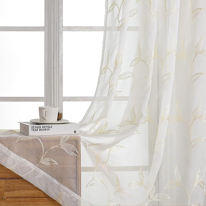VISIONTEX Sheer Curtains 72 inch Length 2 Panels Set, White Voile Crushed Cream Vine Leaves Embroidery, Rod Pocket Embroidered Window Drapes for Living Room and Bedroom, 54" x 72"