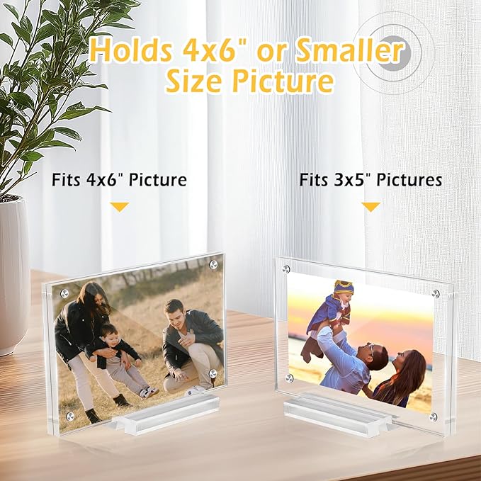 3 Pack 4x6 Magnetic Acrylic Picture Frame with Base, Both Horizontal Vertical or Slant Back Display, Double Sided Clear Photo Frame, Frameless Lucite Frames