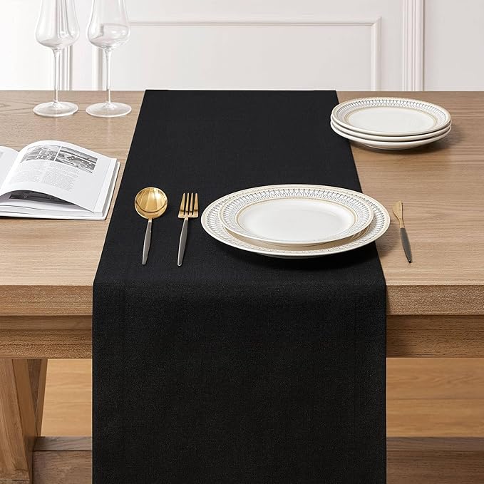 ZeeMart Linen Textured Border Table Runner, 14 x 90 Inch Black, Farmhouse Style Black Table Runners 90 Inches Long, Easy Care Everyday Polyester Table Runner