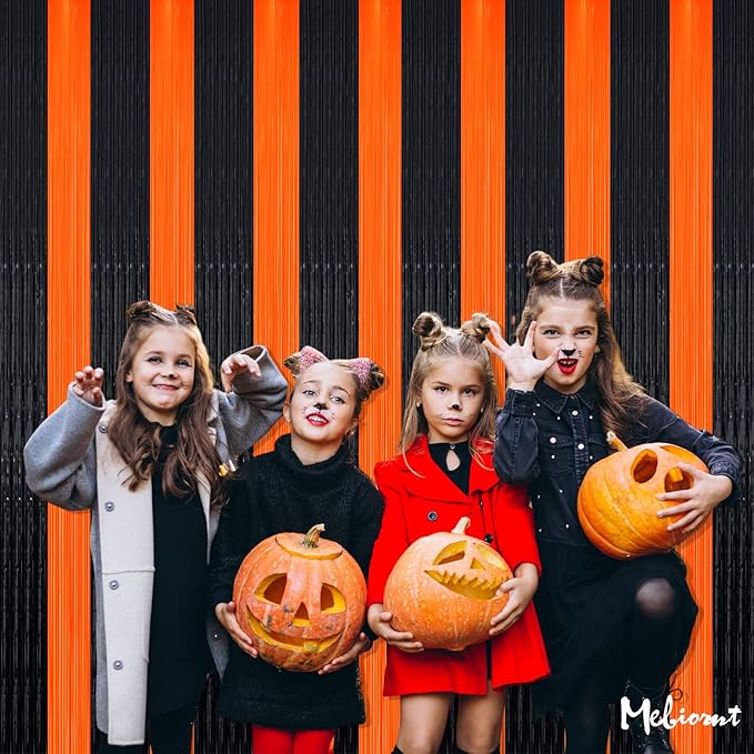 4 Pack Black Orange Fringe Curtain Backdrop, 3.2Ft x 6.6Ft Metallic Tinsel Foil Fringe Streamers Curtains Background for Photo Booth Birthday Baby Shower Party Thanksgiving Christmas Decorations