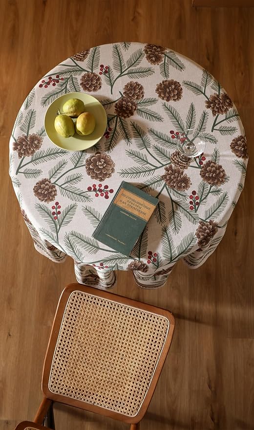 ISAENNE Designer Christmas Beige Linen Round Tablecloth,Pinecones Pattern Indoor Tablecloths,Washable Decor Table Cloth for Dining Thanksgiving Kitchen Christmas,Diameter 67"-Carol B