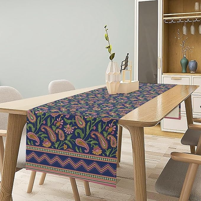 Colorful Paisley Floral Table Runner, Vintage Pink Purple Flowers Green Plants Leaves Print Table Runner for Kitchen Dining Table Indoor Outdoor Home Party, 13x90inch