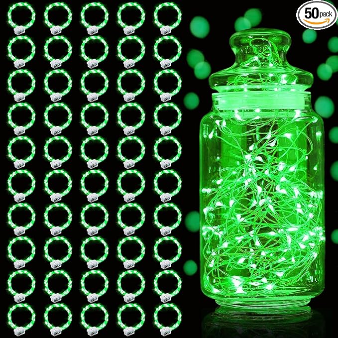 Aogist 50 Pack Fairy Lights 3 Modes 7ft 20 LED Waterproof,Battery Operated Silver Wire Firefly Starry Moon Mini String Lights for Mason Jars Christmas DIY Crafts Wedding Party Bedroom,Green