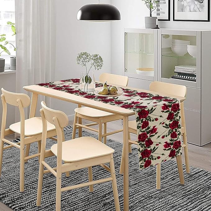 Rose Table Runner, Retro Red Rose Flowers Green Leaves Valentine's Day Kitchen Dinning Table Runner for Indoor Outdoor Home Wedding Party Holiday, 13x36 Inch