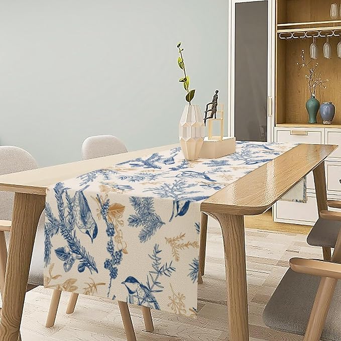 Chinoiserie Flowers Table Runner, Seasonal Spring Fall Plants Blue Florals Birds Dinner Runner for Home Kitchen Dining Table Party Holiday Decoration 13"x60"