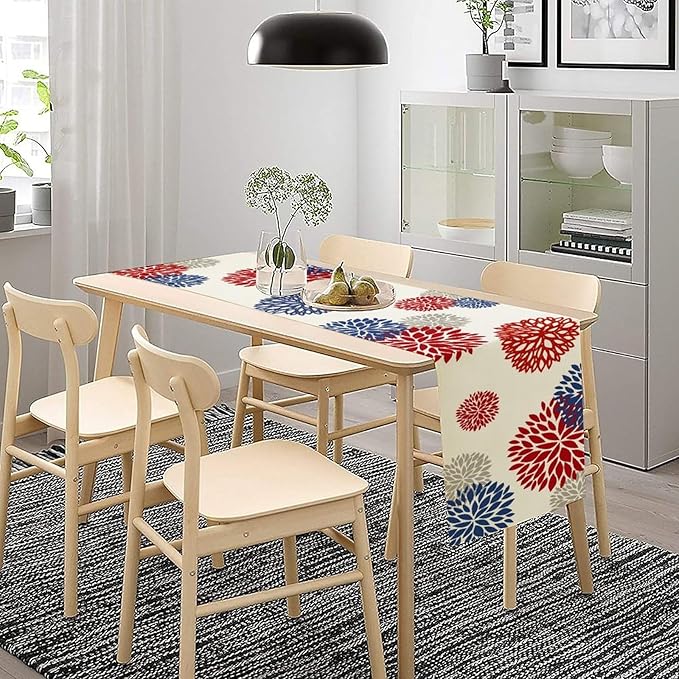 4th of July Table Runner, Blue Red Dahlia Flower American Patriotic Memorial Day Table Runner for Farmhouse Kitchen Dining Table Party Decor, 13x108inch