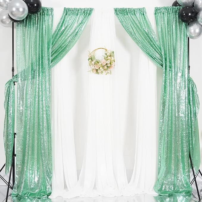 Poise3EHome Mint Green Sequin Backdrop Curtain, 2 Panels, 2FTx8FT, Polyester, for Party Wedding Sequence Decoration