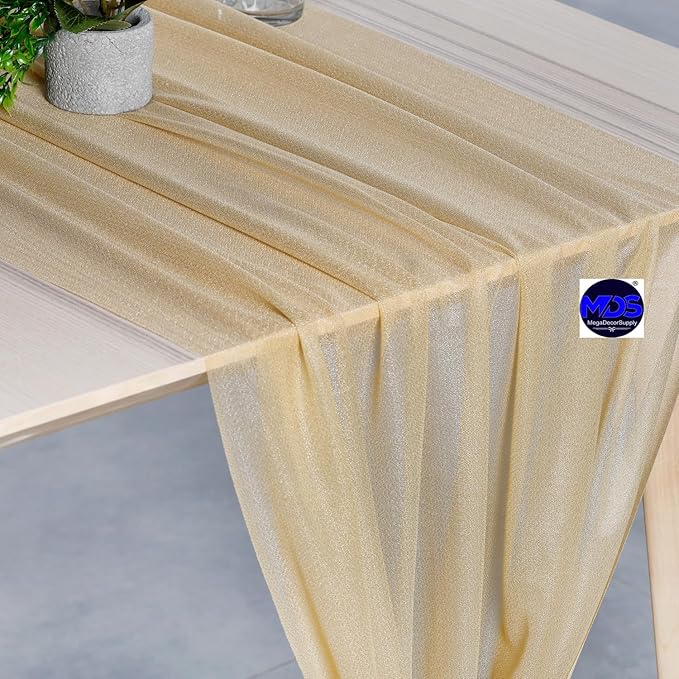 MDS Halloween Chiffon Table Runner - 10 Pack, 29 x 170 Inches, 14ft Each - Sheer Spooky Table Runners for Haunted House Parties, Trick-or-Treat Tables, Witchy Décor, Wedding & Events - Champagne Gold
