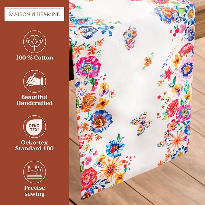 Maison d' Hermine Table Runner 100% Cotton Single Layer Table Runners 108 inches Long Decorative for Home Dining Party Wedding Bridal Shower Spring Summer (Happy Florals - High Summer, 14.50" x 108")