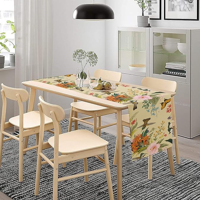 Brown Bird Floral Table Runner Spring Flower Kitchen Table Decoration Suitable for Family Dinner Decoration 13x36 Inch