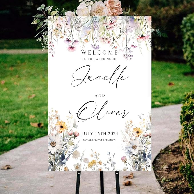 Generic Wildflower Welcome Sign, Wedding Welcome Sign, 12x18, 18x27, 24x36 Inches, Plastic, Rustic, Warm