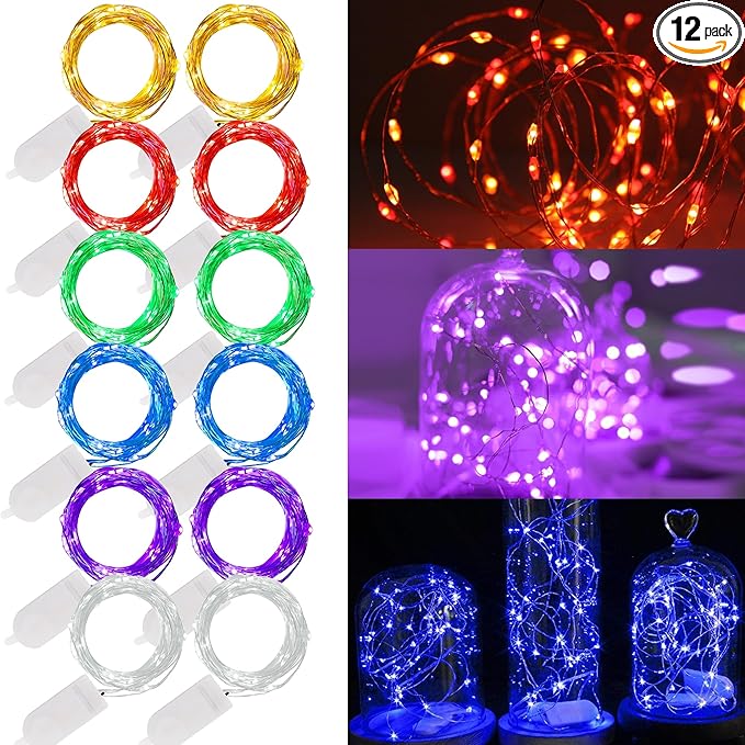 WATERGLIDE 12 Pack Fairy Lights Battery Operated (Included), 7 ft 20 LED Mini String Lights, Waterproof Silver Wire Firefly Starry Lights for DIY Wedding Christmas Party Mason Jars Decor, Multicolor